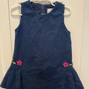 Florence Eiseman Navy Blue Jumper Dress with Pink Floral Appliqué